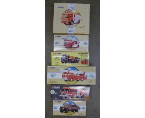 Six Corgi Classics die-cast model vehicles, four fire tenders including Nottingham, one brewery truck set and coal truck, all