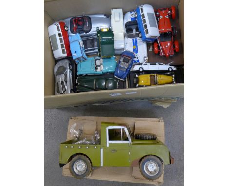 Sixteen die-cast model vehicles including two Welly VW camper vans, Burago and other sports cars, classic cars and a tin plat