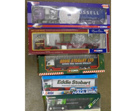 Five Corgi die-cast model vehicles, CC13234 DAF, CC13102 Volvo, 59504 Volvo Eddie Stobart, RH Freight and Eddie Stobart, all 