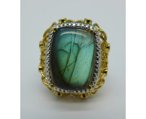 A silver gilt ring set with labradorite and diamond accents, R