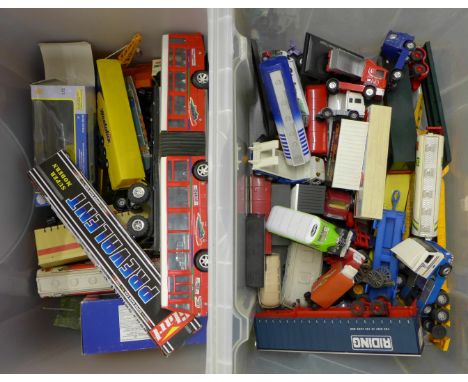 Two boxes of die-cast and other model vehicles, mainly lorries, Corgi and other makers
