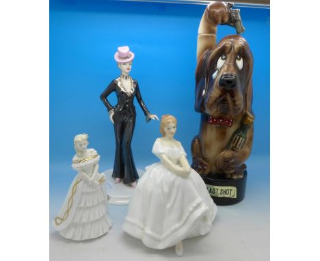A novelty dog musical decanter, The Last Shot, two Coalport figures, Rosie and Something In The City and a Royal Doulton figu