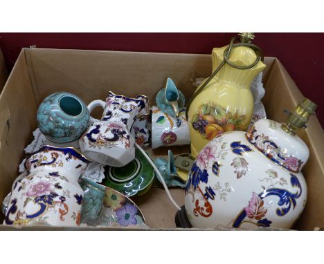 A box of decorative china including a Shelley Chelsea dish, Aynsley Orchard table lamp, Mason's Blue Mandalay ironstone lamp 