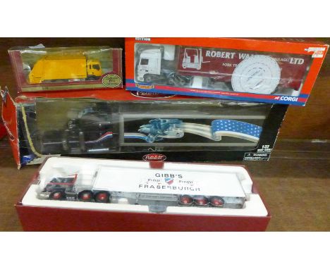 Four die-cast model vehicles, Corgi CC14802 Scania, CC13226 DAF, a Man refuse lorry and a large Peterbilt American lorry, all
