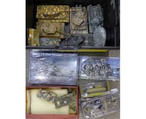Die-cast model vehicles, model kits, tanks and aircraft