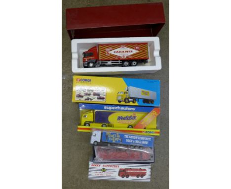 Five die-cast model vehicles, Corgi Classics 24701, Dinky Supertoys 943 (modern issue), Tunnocks Caramel lorry, Corgi Weetabi