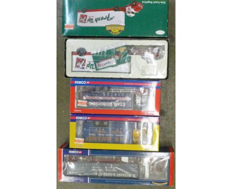 Four Corgi die-cast model vehicles, CC13903 Foden, CC13520 Volvo, CC13109 Volvo and US52913 7UP, all boxed