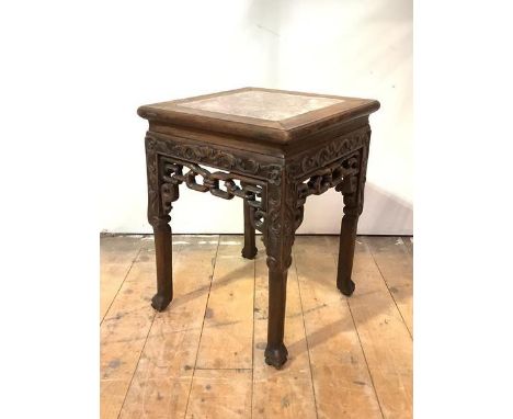 A Chinese rosewood jardiniere stand of square form, late 19th century, the top inset with a breche violette marble panel, ove