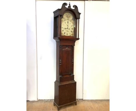 A George III oak longcase clock, early 19th century, the hood with swan-neck pediment and plain pilasters over a short trunk 