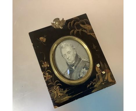 A 19th century miniature portrait engraving of William IV, oval, in a Chinoiserie frame decorated in gilt, red and white agai