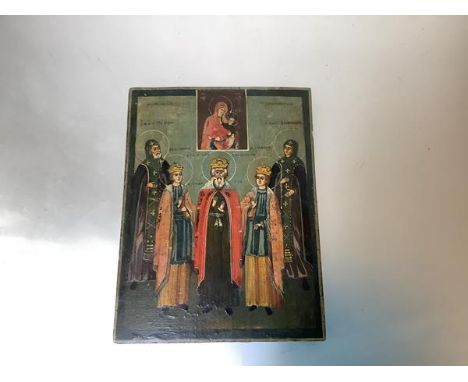 Russian School, 19th Century, Five Saints, an icon, oil on panel. 17.25cm by 13cm. Provenance: The Temple Gallery, Holland Pa