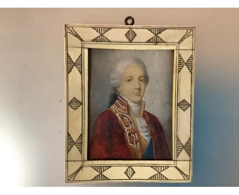 A portrait miniature of a young gentleman in 18th century dress, depicted in red coat and powdered wig, watercolour on ivory,