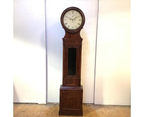 A Scottish George III mahogany drum head longcase clock , the circular 13" enamelled dial with Roman chapter ring and subsidi