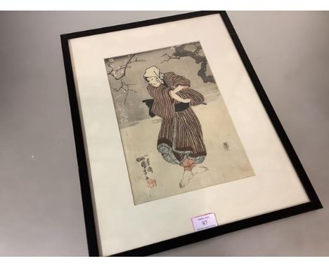 Utagawa Kuniyoshi (1798-1861), An Actor in a Snow Scene, woodblock print, 1850's, pub. by Wakamatsu-Ya Yoshiro, framed. 33.5c