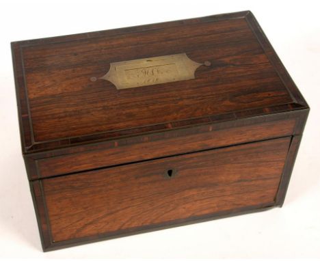 A DATED GEORGE III ROSEWOOD AND BRASS LINE INLAID TEA CADDY, THE FITTED INTERIOR WITH CANISTER, HINGED BRASS HANDLE ENGRAVED 