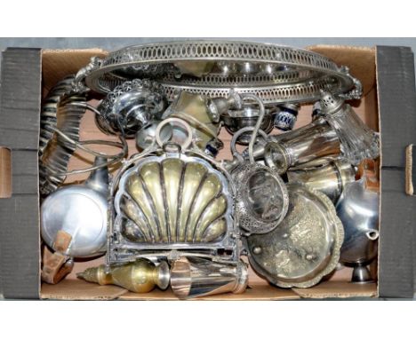 A VICTORIAN PATENT EPNS SHELL SHAPED DOUBLE OPENING BISCUIT BOX, MISCELLANEOUS PLATED WARE AND A PICQUOT PEWTER TEA SERVICE 