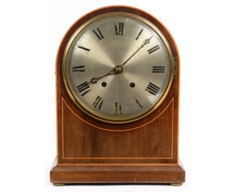 A GERMAN MAHOGANY AND LINE INLAID MANTEL CLOCK WITH SILVERED DIAL AND PIERCED HANDS, TING TANG MOVEMENT, 36CM H, C1910 ++Good