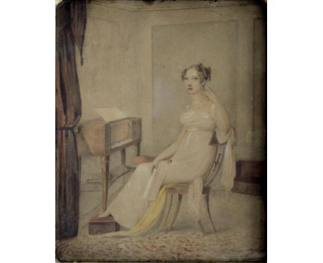 FOLLOWER OF ADAM BUCK, PORTRAIT OF A LADY SEATED AT A PIANO, WATERCOLOUR, 28 X 23CM