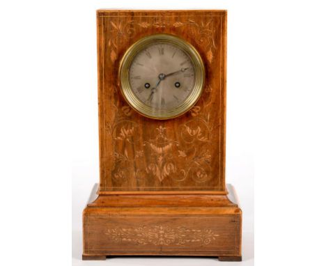 A FRENCH ROSEWOOD AND INLAID PILLAR SHAPED MANTEL CLOCK WITH SILVERED DIAL AND BLUE STEEL HANDS, THE MOVEMENT WITH OUTSIDE CO