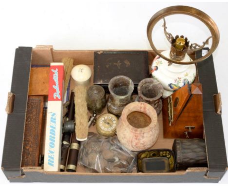 A FRENCH BRASS MOUNTED WALNUT METRONOME, A PAIR OF EARLY VICTORIAN PAPIER MACHE COUNTER TRAYS, DECORATED IN BRONZED GILDING W