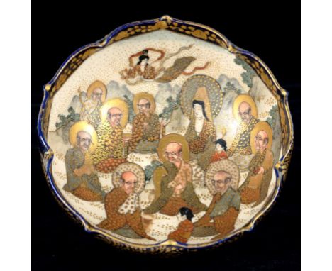 A JAPANESE SATSUMA BOWL, DECORATED WITH RAKAN, 12CM D, GILT MARK AND SHIMAZU MON, C1900 ++Light wear only, not cracked or chi