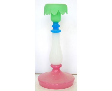 A 19TH C OPAL AND THREE COLOUR GLASS CANDLESTICK, 29CM H ++Good condition 