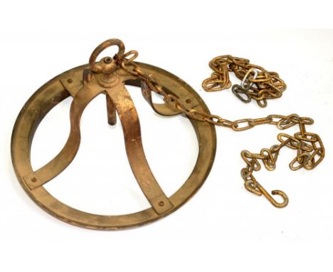 AN EARLY ELECTRIC GILT BRASS HANGING LIGHT FITMENT, 25CM H INCLUDING SUSPENSION RING, WITH CHAINS, A VICTORIAN FITTED OAK CAN