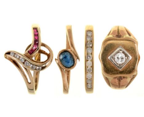 FOUR GEM SET 9CT GOLD RINGS, 7.35G, SIZES L, K, M ++GOOD CONDITION