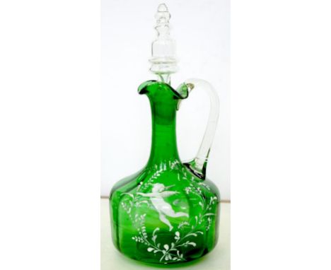 A 19TH C OPAQUE PINK MOULDED GLASS OIL LAMP, WITH CLEAR LOOP HANDLE AND BRASS FITMENT, 13CM H, A GREEN GLASS MARY GREGORY STY