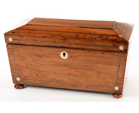 AN EARLY VICTORIAN ROSEWOOD, BRASS LINE AND MOTHER OF PEARL INLAID TEA CADDY OF SARCOPHAGUS SHAPE, THE FITTED INTERIOR WITH T