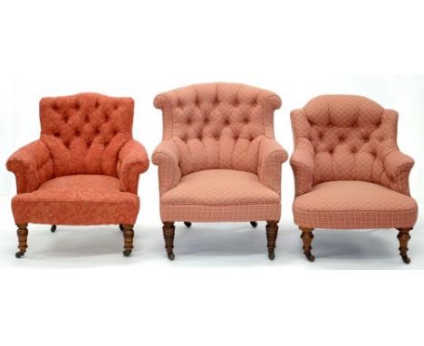 THREE VICTORIAN MAHOGANY ARM CHAIRS, RE-UPHOLSTERED IN BUTTON BACK FABRIC 