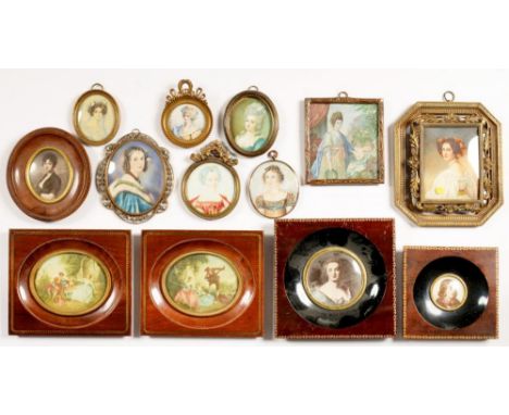 MISCELLANEOUS DECORATIVE PORTRAIT MINIATURES AND PRINTS AND INLAID MAHOGANY BRASS FILIGREE AND OTHER FRAMES 