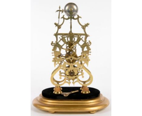 A VICTORIAN BRASS SKELETON CLOCK, THE BELL WITH HALBERD STRIKER, 39CM H, ON VELVET COVERED BASE AND GOLD PAINTED PLINTH  ++Co