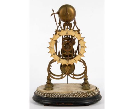 A VICTORIAN BRASS SKELETON CLOCK OF 'CATHEDRAL' TYPE, THE BRASS BELL WITH HALBERD STRIKER ON MARBLE BASE, 36CM H, EBONISED ST