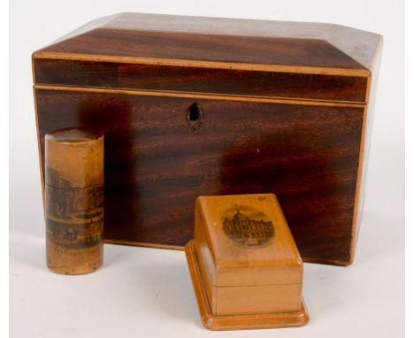 A VICTORIAN MAHOGANY AND LINE INLAID TEA CADDY, 20CM L AND TWO ITEMS OF SCOTTISH SOUVENIR WOODWORK OR MAUCHLINE WARE WITH PRI