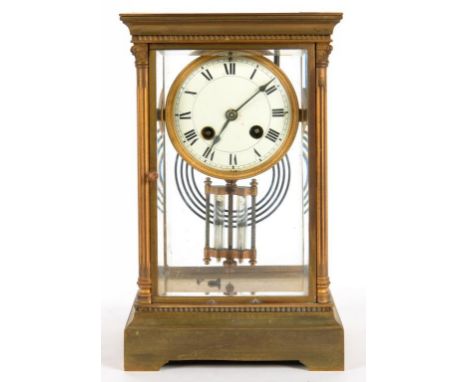 A FRENCH GILT BRASS FOUR GLASS MANTEL CLOCK, WITH ENAMEL DIAL AND MERCURY COMPENSATED PENDULUM, IN PILLARED CASE, 28CM H, LAT