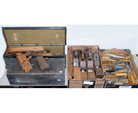 MISCELLANEOUS WOODWORKING TOOLS, INCLUDING PLANES, CHISELS, ETC AND TWO PAINTED PINE CHESTS