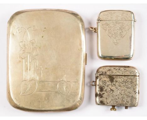 A POLISH SILVER CIGARETTE CASE, 11CM L, EARLY 20TH C AND TWO EDWARD VII SILVER VESTA CASES, ONE ADAPTED AS A LIGHTER, 4OZS 15
