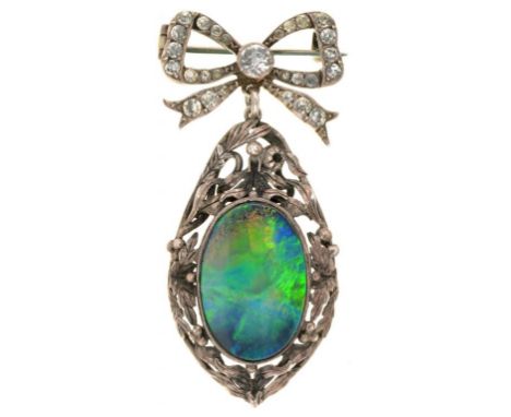 AN ART NOUVEAU OPAL DOUBLET AND WHITE SAPPHIRE SET SILVER PENDANT BROOCH, 50MM, 10G ++SLIGHT BUILD UP OF DIRT AND GRIME TO SE