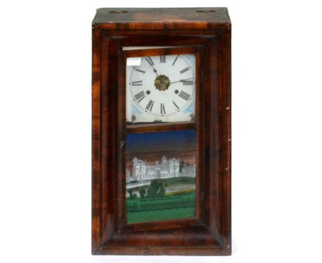 AN AMERICAN MAHOGANY WALL CLOCK WITH PRINTED TRADE LABEL OF JEROME & CO NEW HAVEN CONNECTICUT, 66CM H, LATE 19TH C
