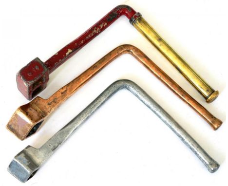 CANALS. THREE LOCK GATE KEYS, TWO OF IRON, ONE WITH BRASS HANDLE, THE THIRD OF BELL METAL, VARIOUS SIZES 