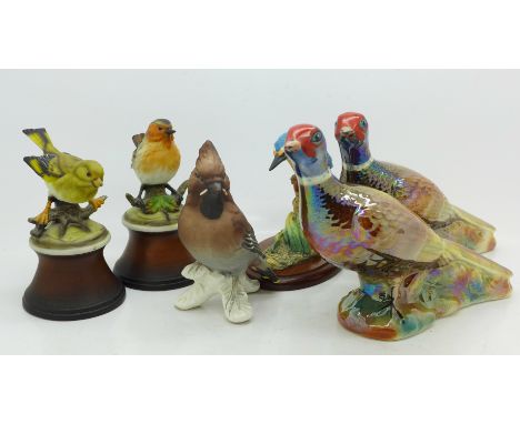Six bird figures including one Goebel and two KSP pheasants