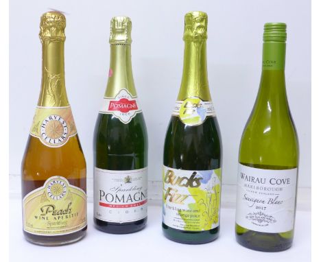 Three bottles of sparkling wine and a bottle of 2017 Wairau Cove Sauvignon Blanc