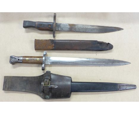 Two bayonets, one stamped VR 5J00 Wilkinson London, with scabbard and frog, the other unmarked
