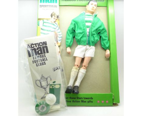 An Action Man Famous Football Clubs Sportsman figure in Celtic kit, in original display pack with badge, stickers and ball