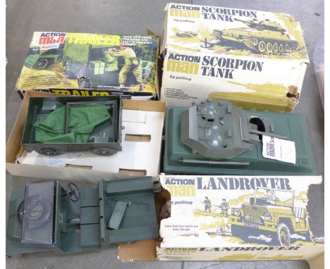 An Action Man Scorpion Tank, Action Man Landrover and an Action Man Trailer, all boxed