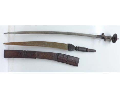 A sword with leather handle and scabbard and an Indian Tulwar