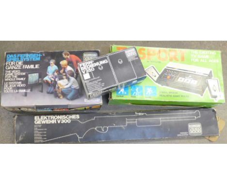 An Intertron Electronic TV video console, with remote control set and rifle and one other TV sport console, all boxed