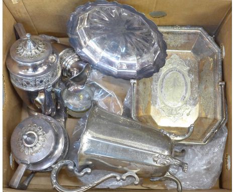 A box of assorted silver plate including tea service and a jewellery casket