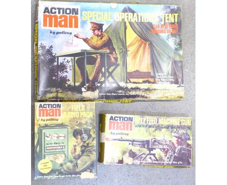 Three Action Man boxed sets, Special Operations Tent, Field Radio Pack and Belt Feed Machine Gun